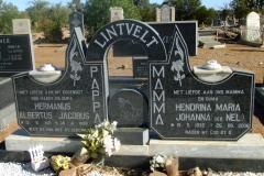 Lintvelt, Hermanus Albertus Jacobus born 13 August 1921 died 30 April 1996 and Hendrina Maria Johanna nee Nel born 21 May1935 died 26 June 2006